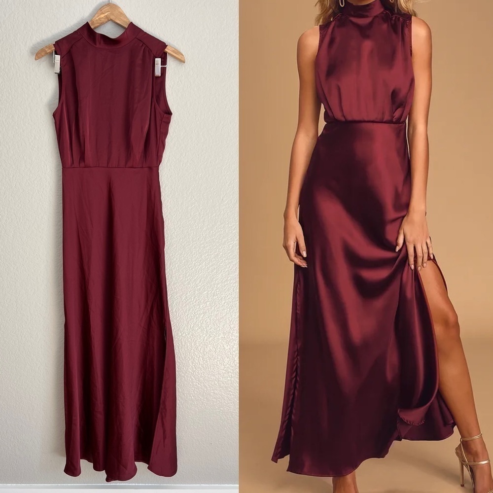 Classic Elegance Wine Satin Sleeveless Mock Neck Maxi Dress
